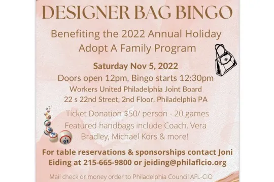 Pink sign with gold letters with details on 2022 Annual Holiday Adopt-a-Family Designer Bag Bingo