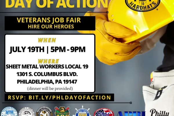 Ad featuring a yellow hard hat. Yellow and black text highlighting the event details. logos of all the events sponsors