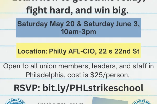 Ad for strike school with text in blue and yellow on lined notebook paper