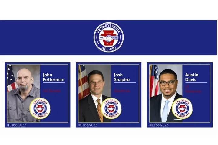 images of PA AFLCIO endorsed candidates John Fetterman, Josh Shapiro and Austin Davis